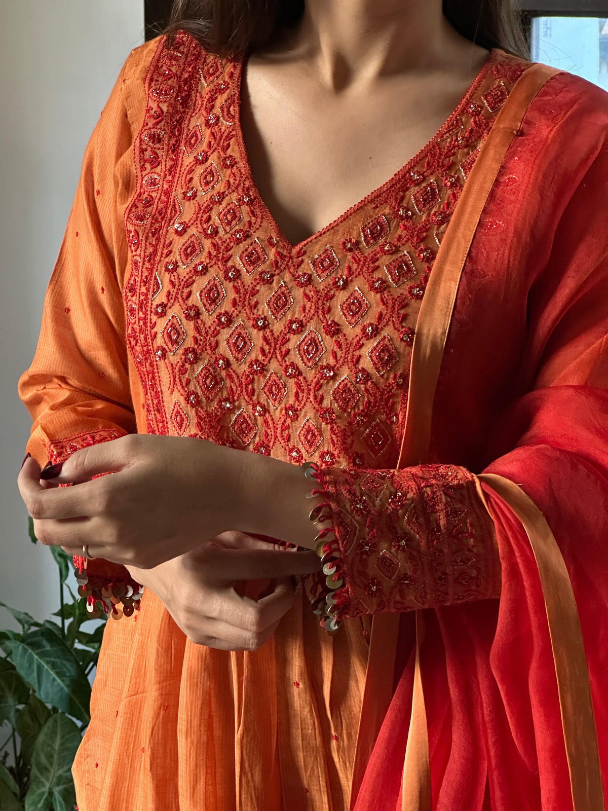 Rust Orange Sico (Silk Cotton) Chikankari Tux Kurta Set