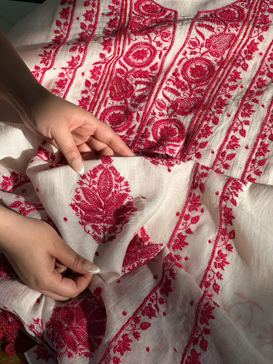 White & Red Mal Chanderi Silk Chikankari With Sequins Unstitched Fabric