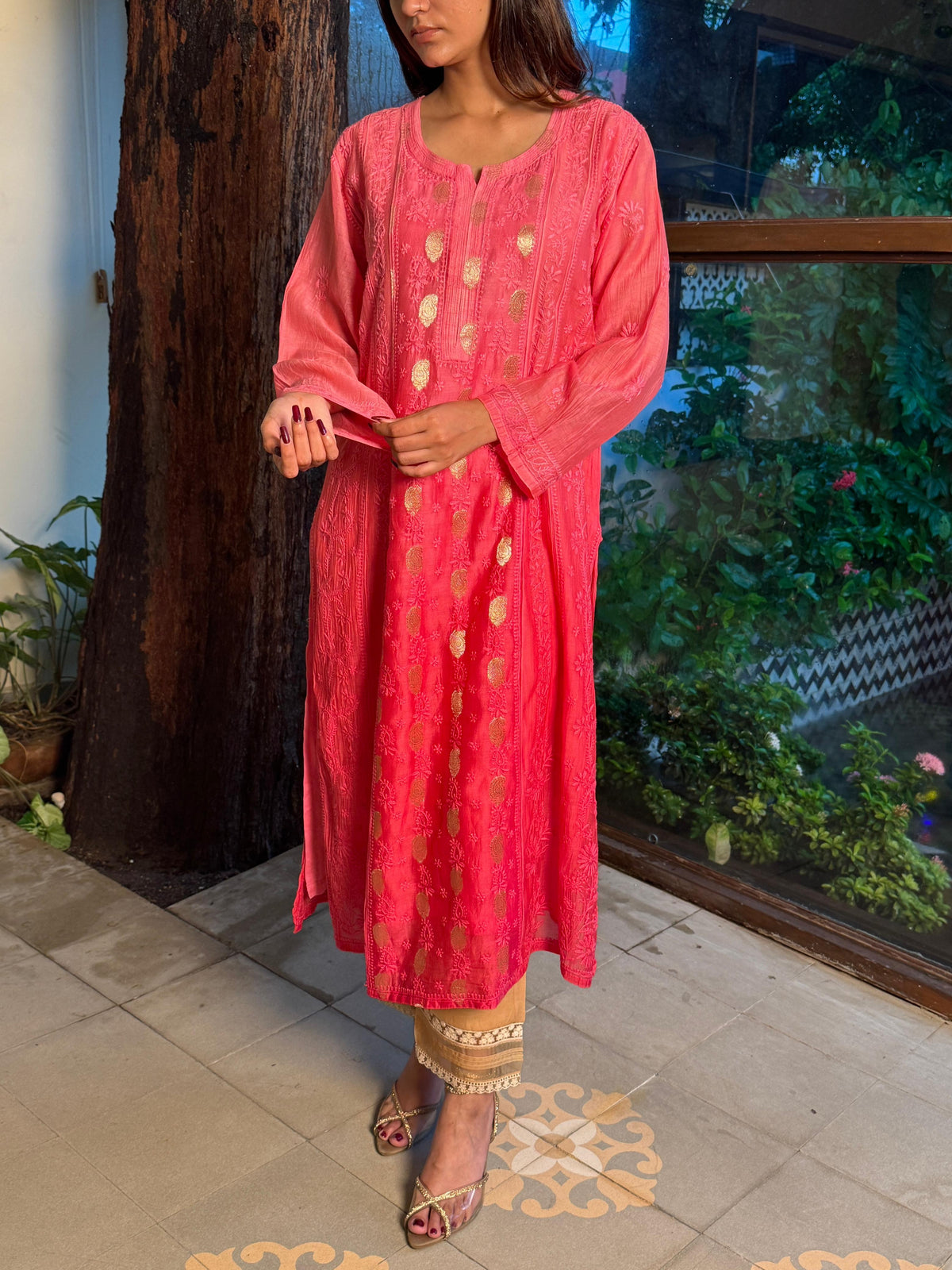 Pink Zari Chanderi Chikankari A Line Kurta with Slip