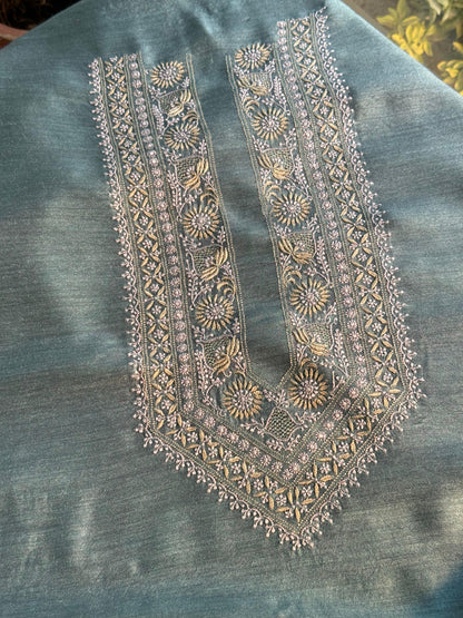Mint Green Moonga Silk Chikankari Men’s Kurta Fabrics