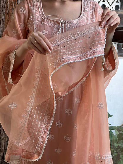 Peach Shade Malmal Pearl Work Chikankari Kurta Set