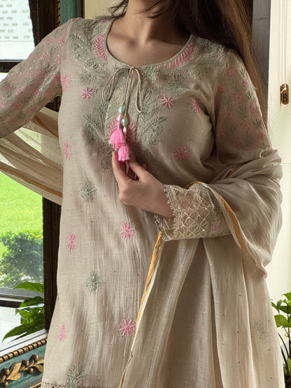 Nude Beige Shade Mul Chanderi Chikankari Farshi Sets