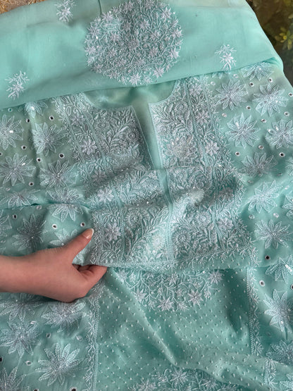 Aqua Green shade Georgette Mirror Work Chikankari Kurta Dupatta Set