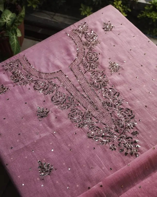 Pink Shade Chanderi Silk Mukaish Badla Unstitched Fabrics