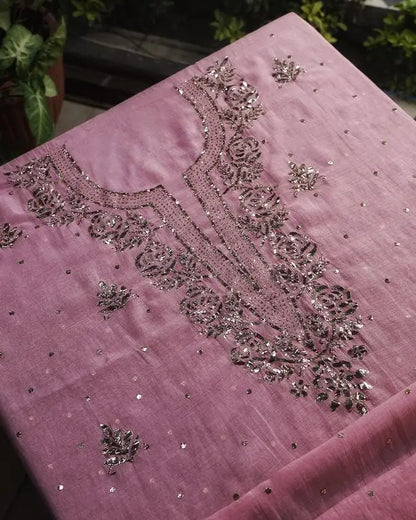 Pink Shade Chanderi Silk Mukaish Badla Unstitched Fabrics