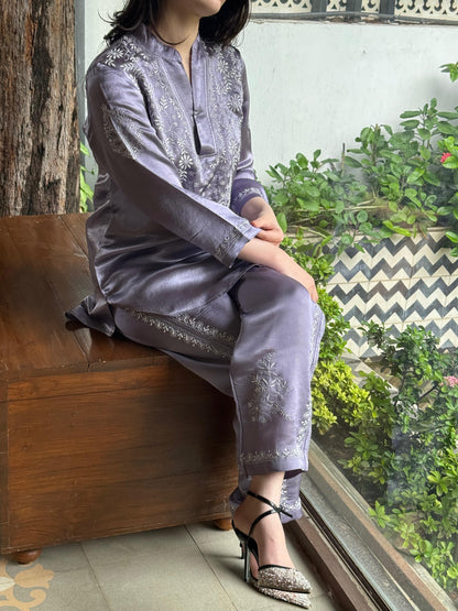 Purplish Grey Satin Shimmer Chikankari Co-Ord Set