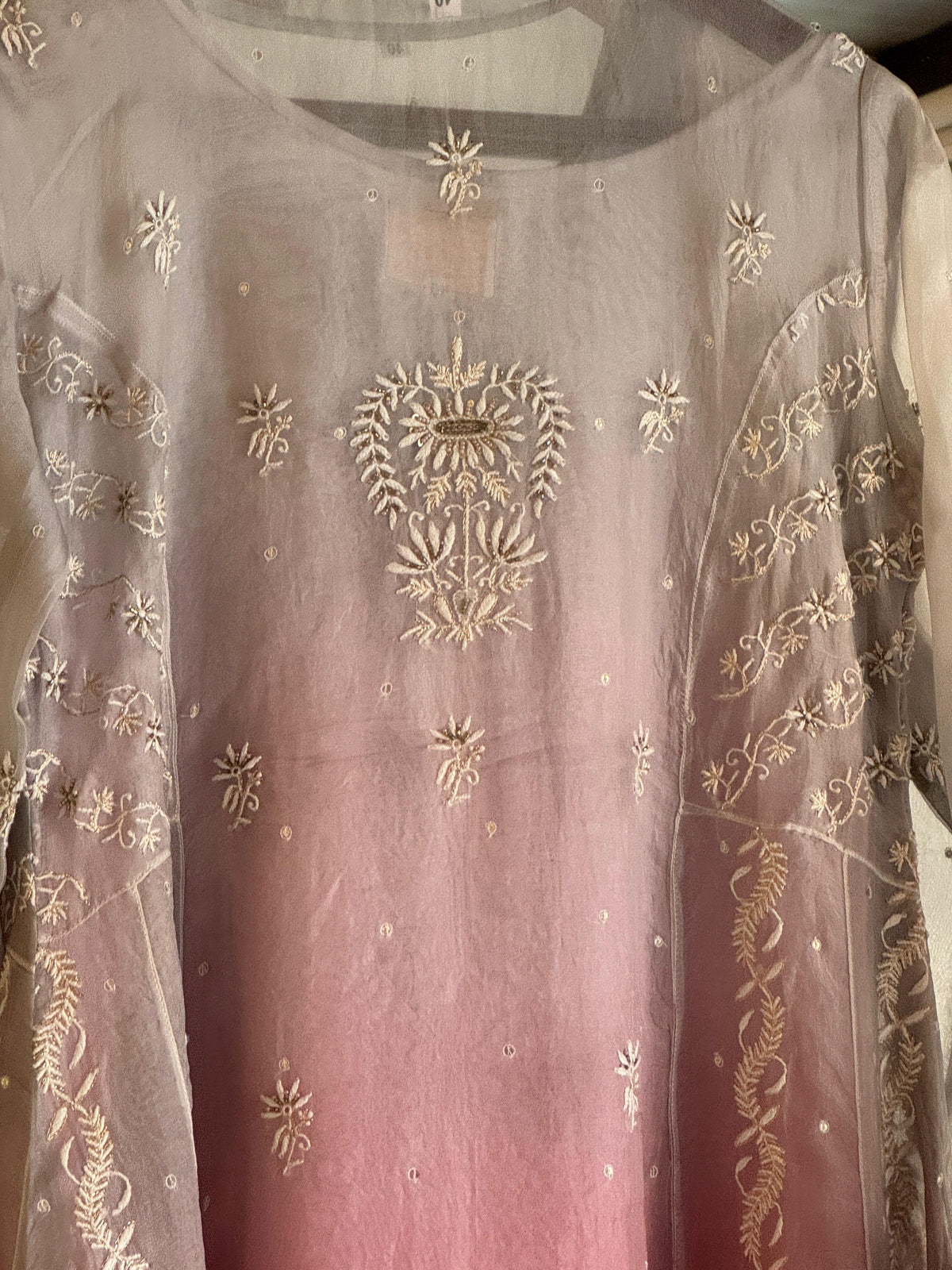 Grey & Pink Ombre Shade Noor Organza Chikankari Anarkali