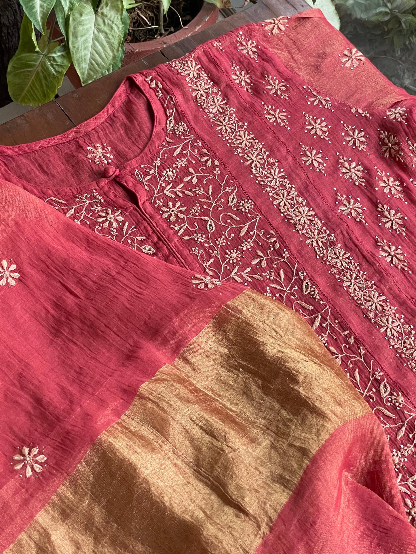 Dusty Red Shade Shade | Tissue Silk Chikankari Work Kurta Set