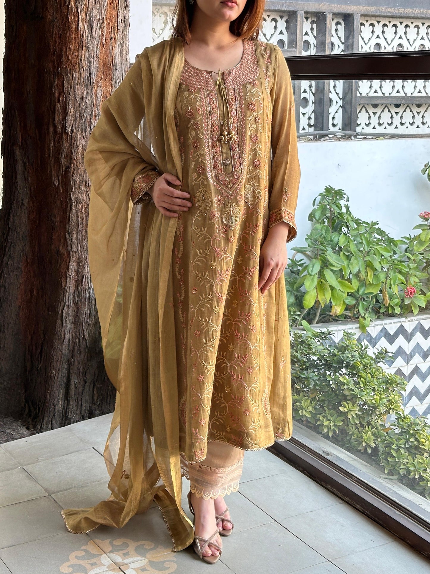 Mustard Shade Tissue Silk Chikankari Anarkali With Ari Work