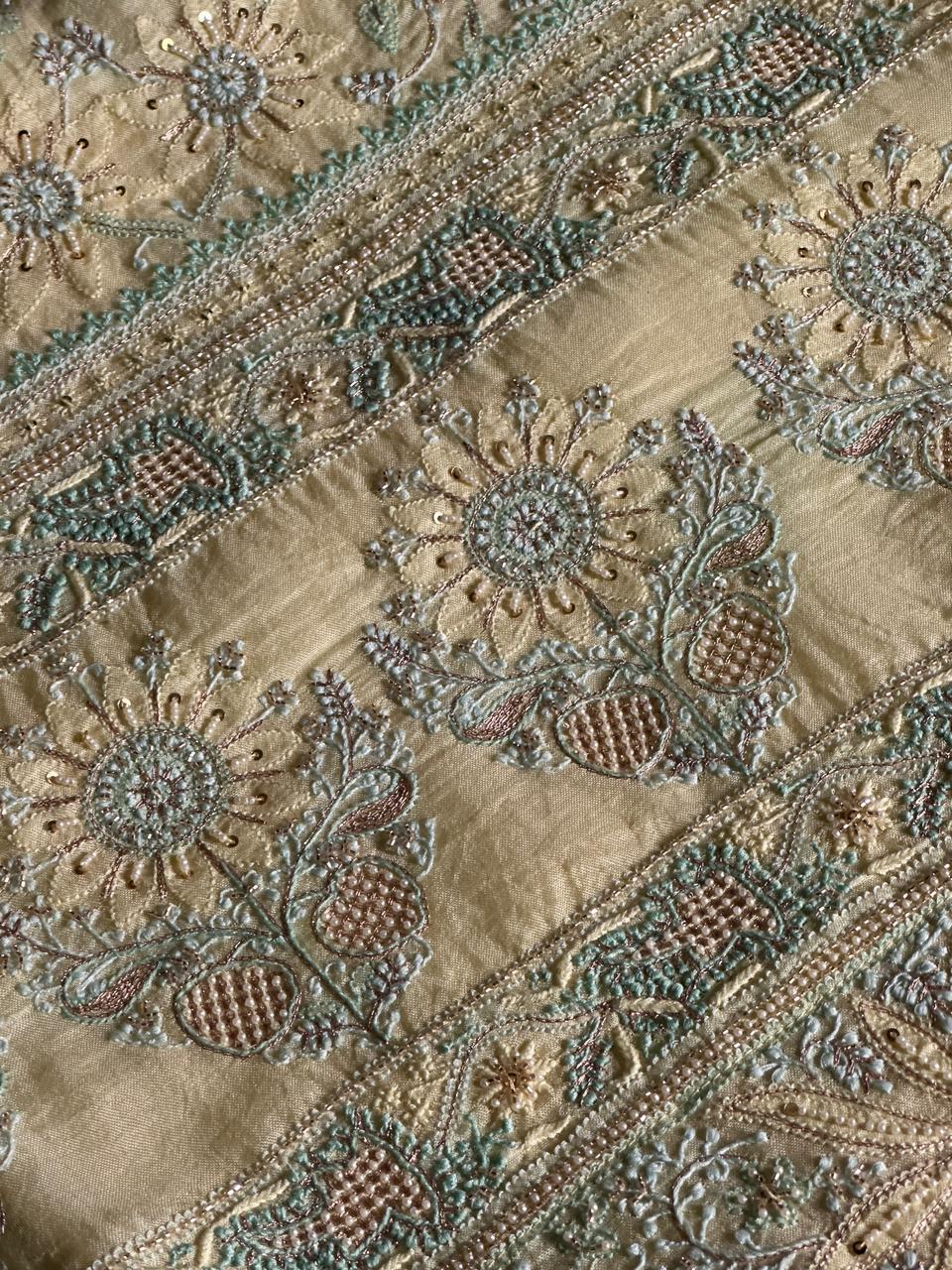 Lemon Shade Noor Banarasi Organza Chikankari Unstitched Fabric