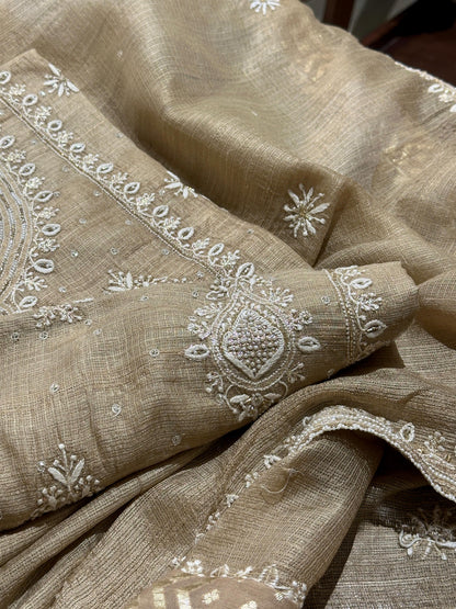 Beige Rasm Tussar Kota Chikankari Unstitched Chikankari Fabric