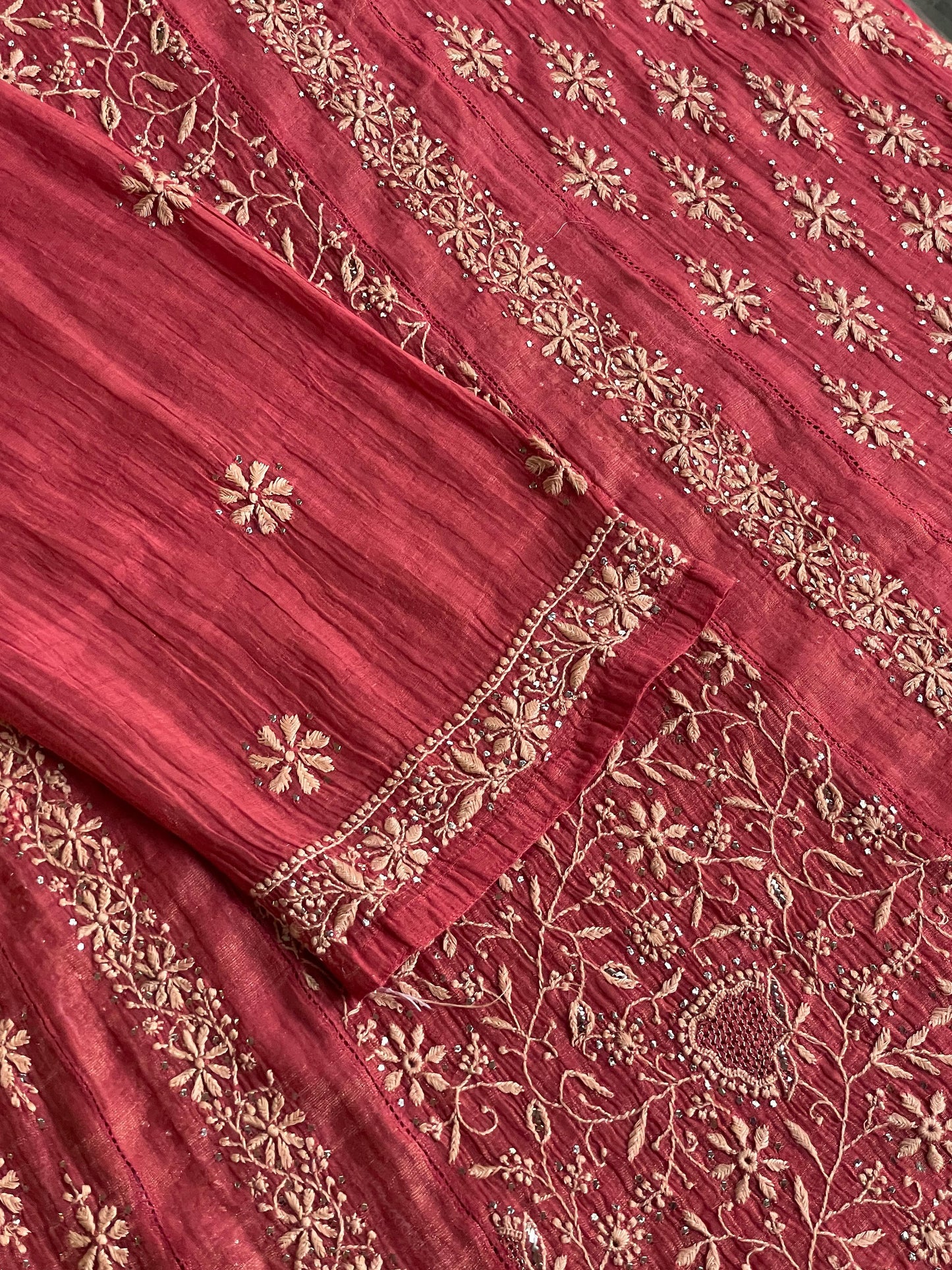 Dusty Red Shade Shade | Tissue Silk Chikankari Work Kurta Set