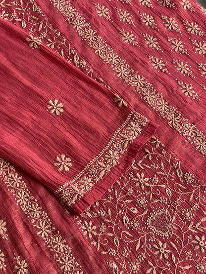 Dusty Red Shade Shade | Tissue Silk Chikankari Work Kurta Set