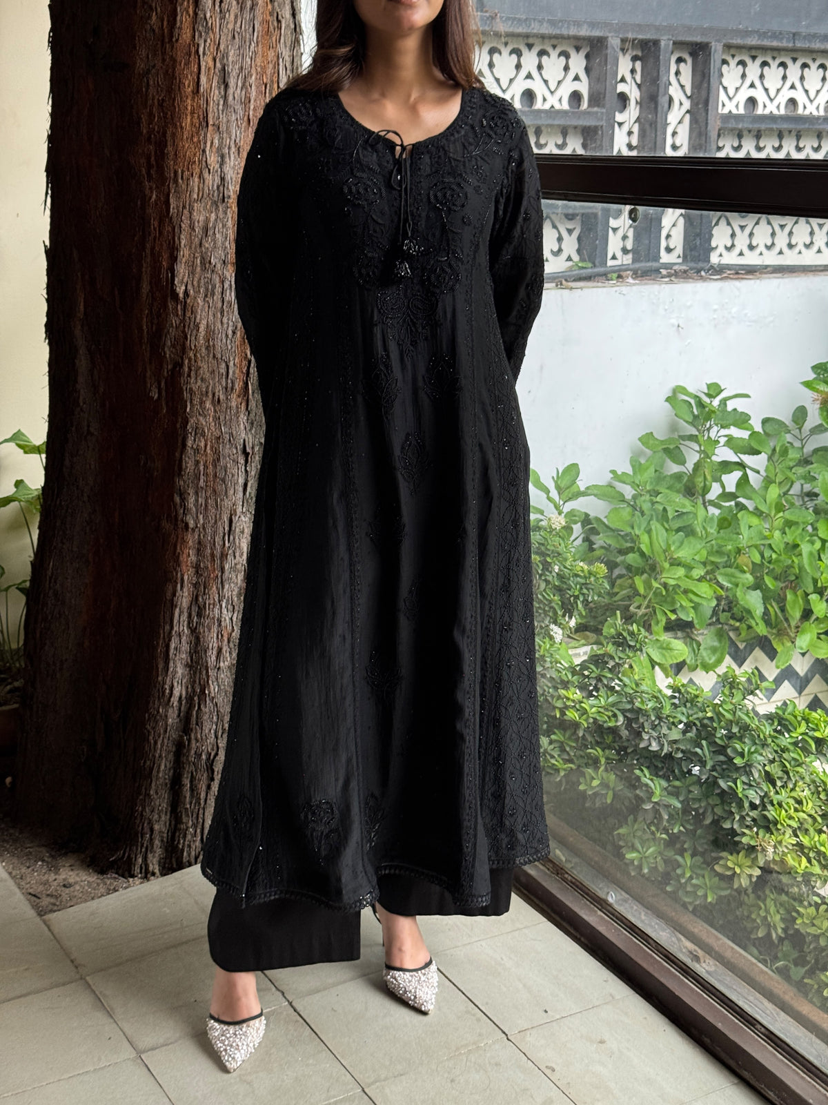 Black Malmal Pearl Work Chikankari A Line Kalidar Kurta With Dupatta