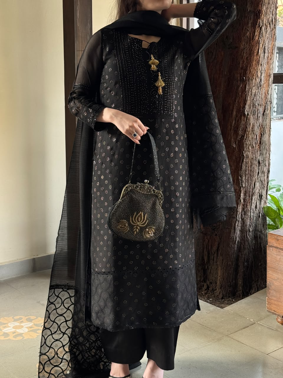 Black Kosha Mukaish Kamdani Noor Organza Chikankari Kurta Set
