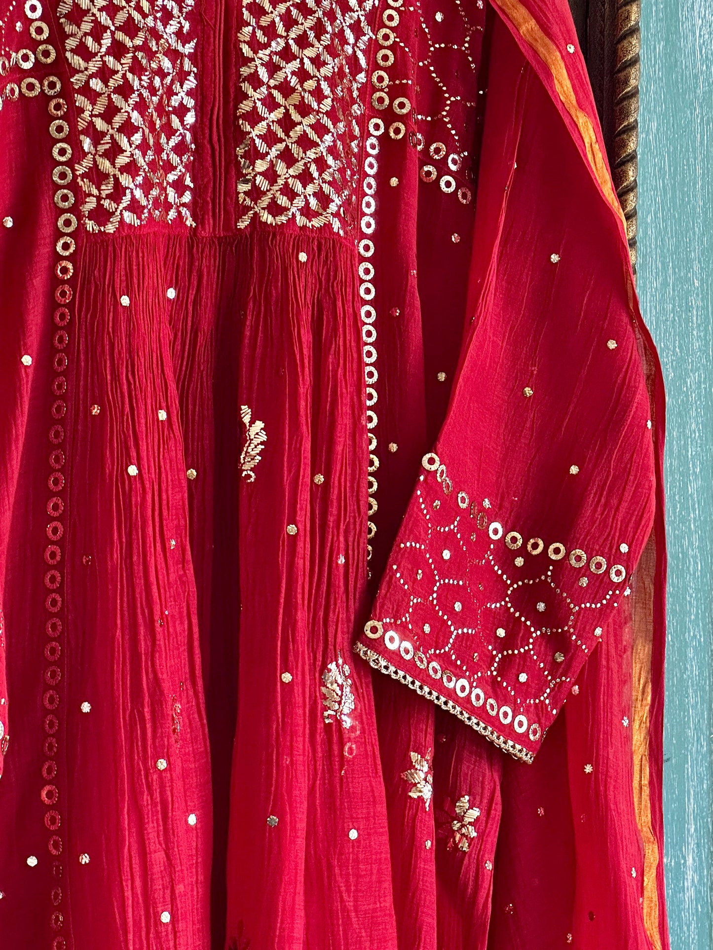 Cherry Red Shade Mukaish Mul Chanderi Silk Dress