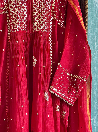 Cherry Red Shade Mukaish Mul Chanderi Silk Dress