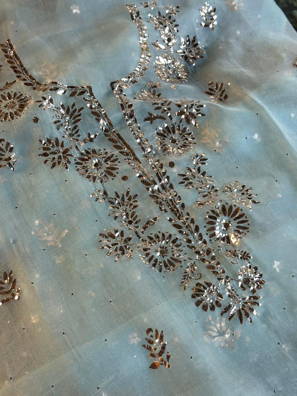 Sea Green Shade Noor Organza Silk Badla Unstitched Kurta Dupatta Set