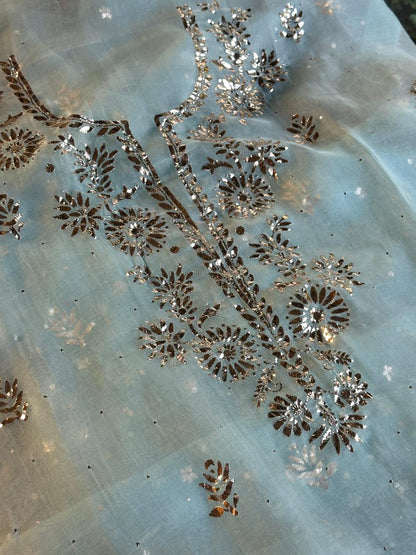 Sea Green Shade Noor Organza Silk Badla Unstitched Kurta Dupatta Set
