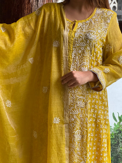 Yellow Tissue Silk Chikankari Straight Cut Kurta Dupatta Set