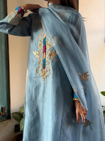 Pastel Blue Chanderi Silk Bird Motif Khadi Salwar Set