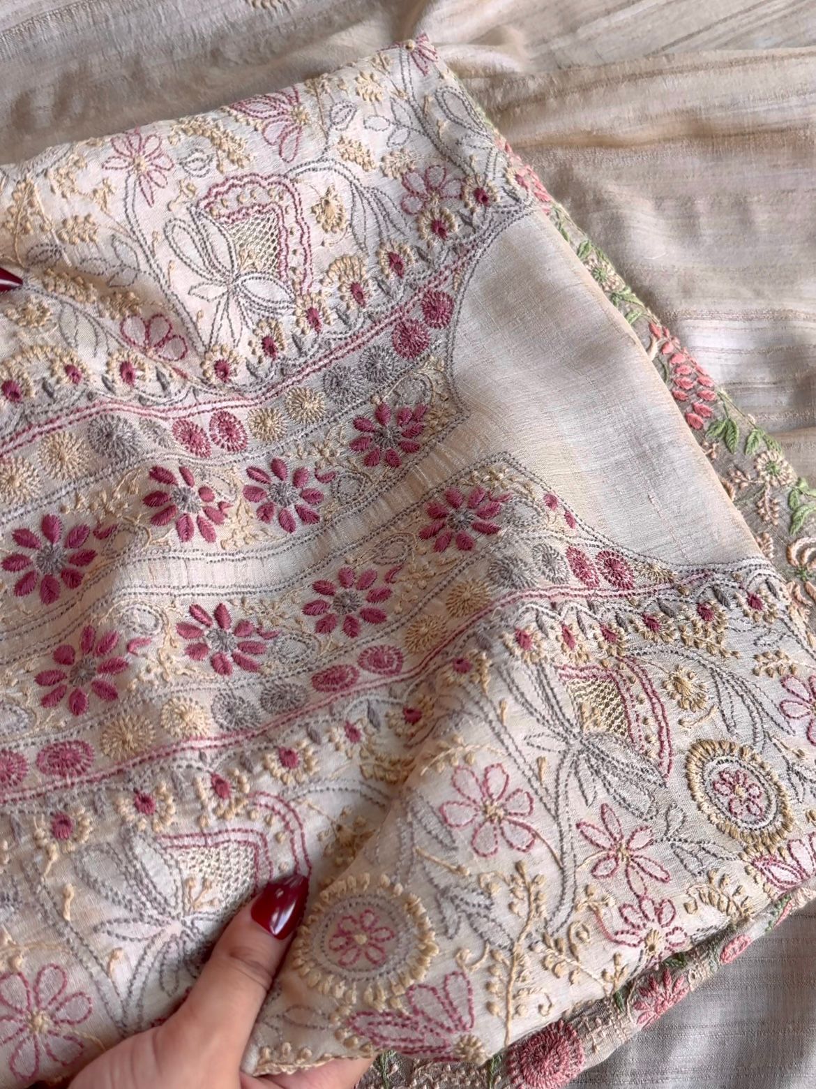 Natural Tussar Silk Chikankari Fabric