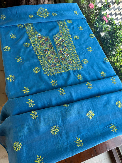 Blue & Green Shade Mal Cotton Chikankari Unstitched Kurta Dupatta Fabric With Mukaish Badla