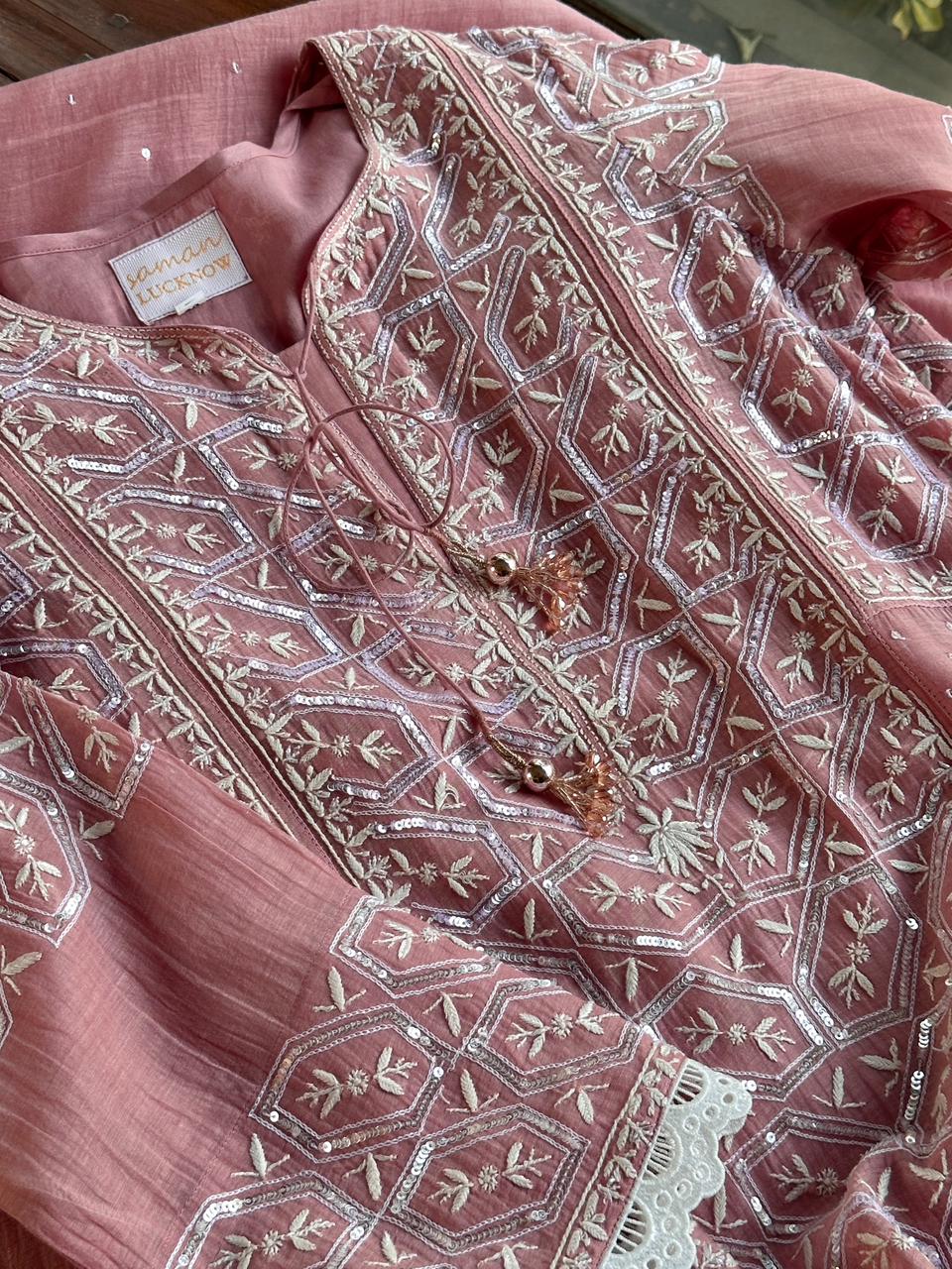 Soft Pink Mulmul Pearl White Chikankari Ready to Wear Kurta Set