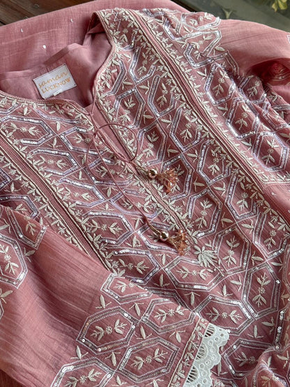 Soft Pink Mulmul Pearl White Chikankari Ready to Wear Kurta Set