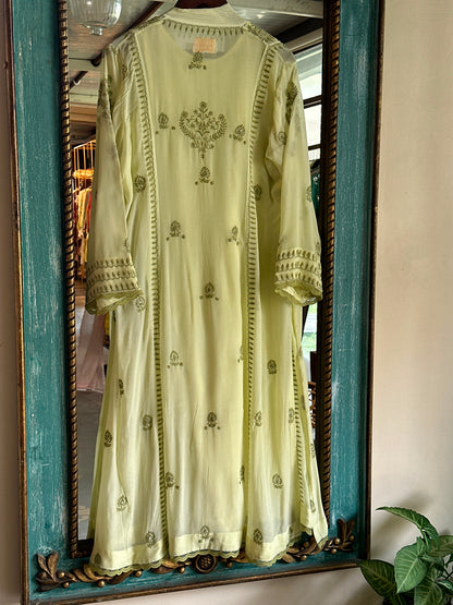 Pista Green Chiffon Chikankari Kurta with Lace Detailing