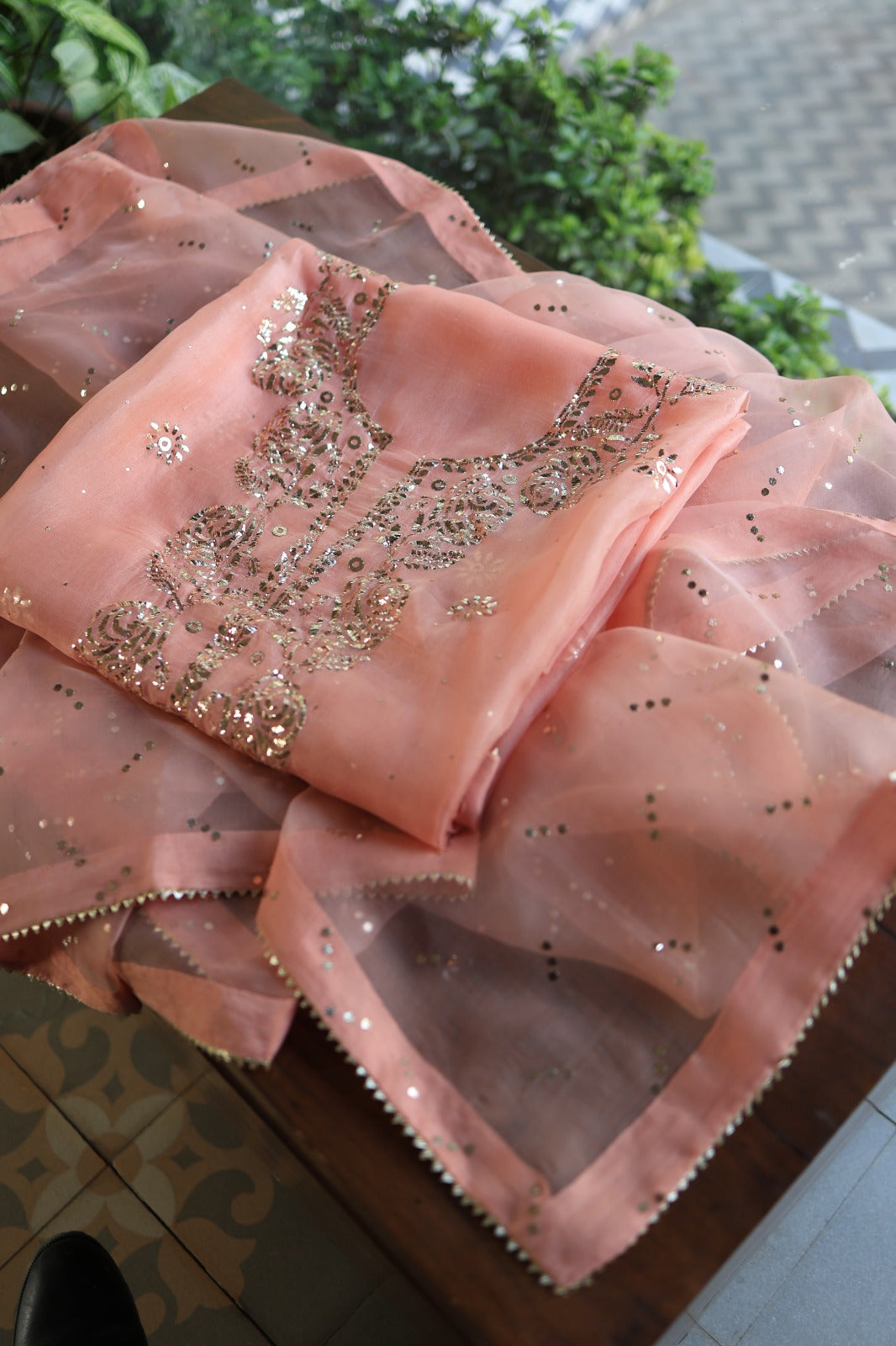 Coral Peach Shade Noor Organza Silk Badla Unstitched Kurta Dupatta Set