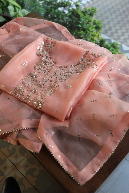 Coral Peach Shade Noor Organza Silk Badla Unstitched Kurta Dupatta Set