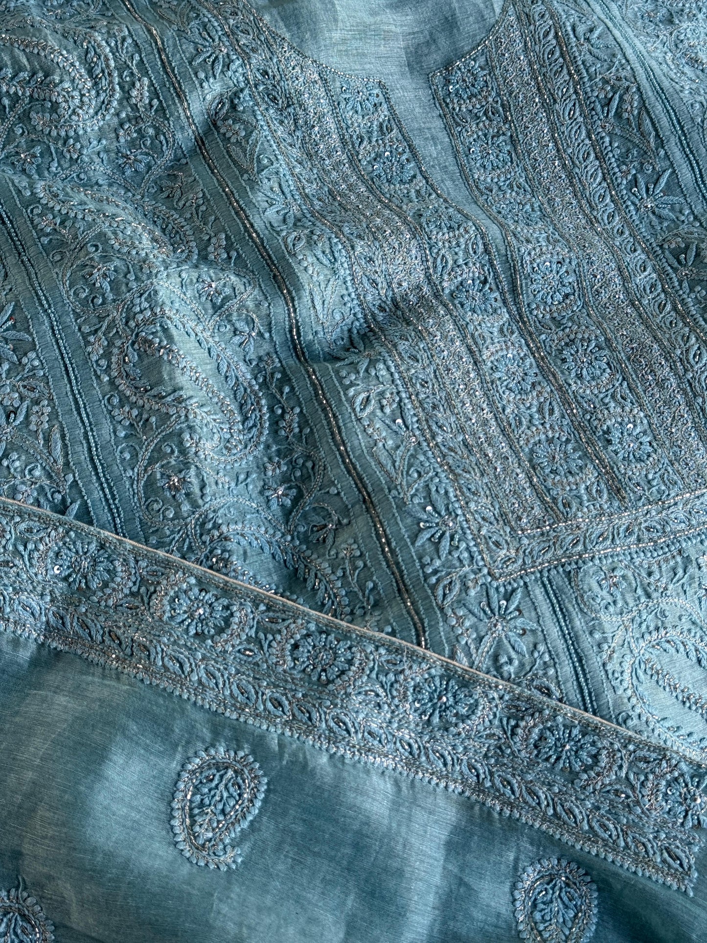 Sky Blue Shade Linen Silk Chikankari With Ari Work Unstitched Kurta Dupatta Set