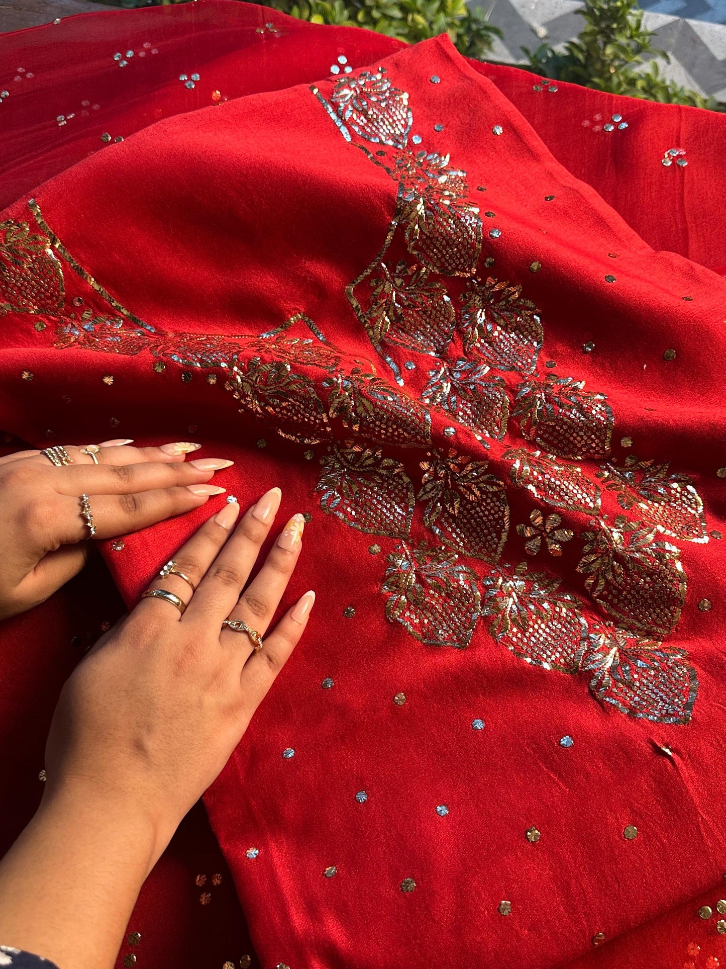 Red Chanderi Silk Mukaish Badla Unstitched Fabrics