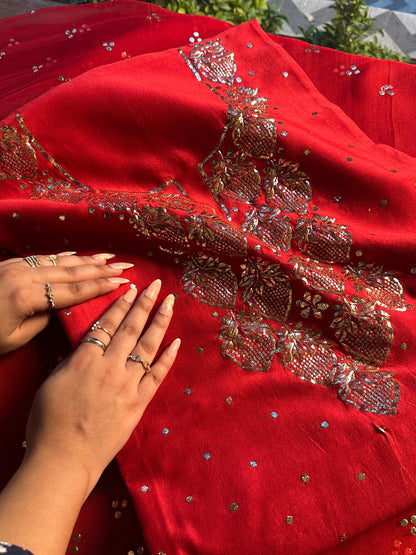 Red Chanderi Silk Mukaish Badla Unstitched Fabrics