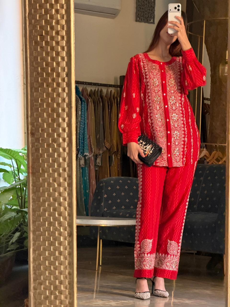 Crimson Red | Jacquard Sequins Chikankari Co-Ord Set