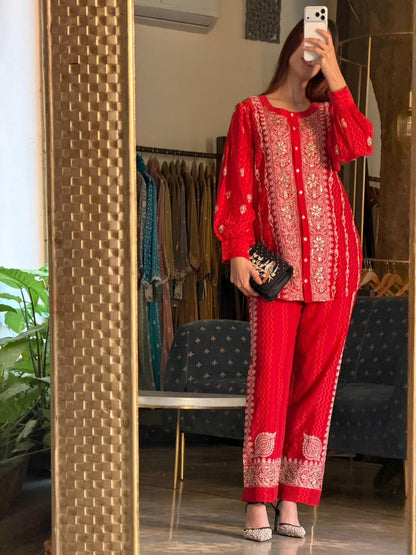 Crimson Red | Jacquard Sequins Chikankari Co-Ord Set