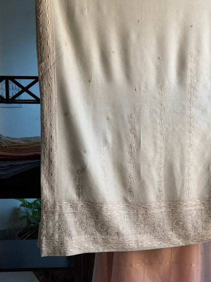 Natural Beige Shade Saman Pashmina Resham Thread Chikankari Shawl