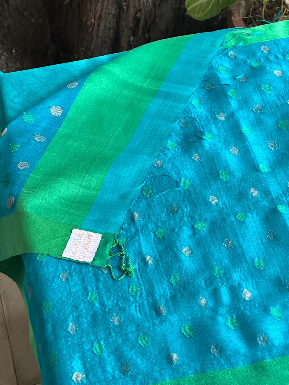 Blue Woven Butta Saree with Contrast Green Border