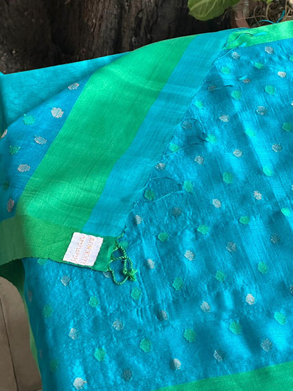Blue Woven Butta Saree with Contrast Green Border