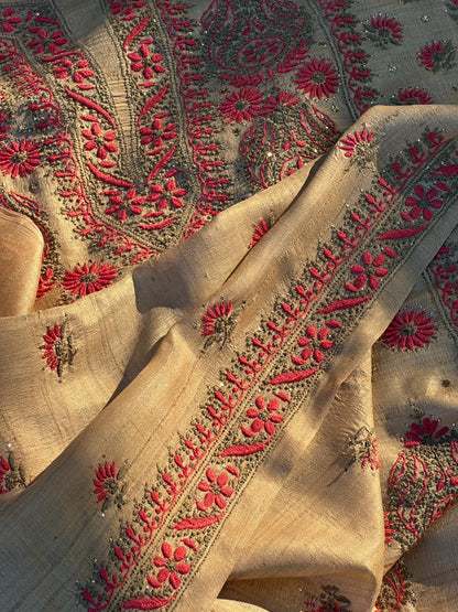 Natural Beige Shade Tussar Silk With Dual Thread Chikankari Fabric