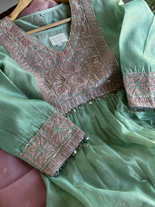 Mint Green Sico (Silk Cotton) Chikankari Tux Kurta Set