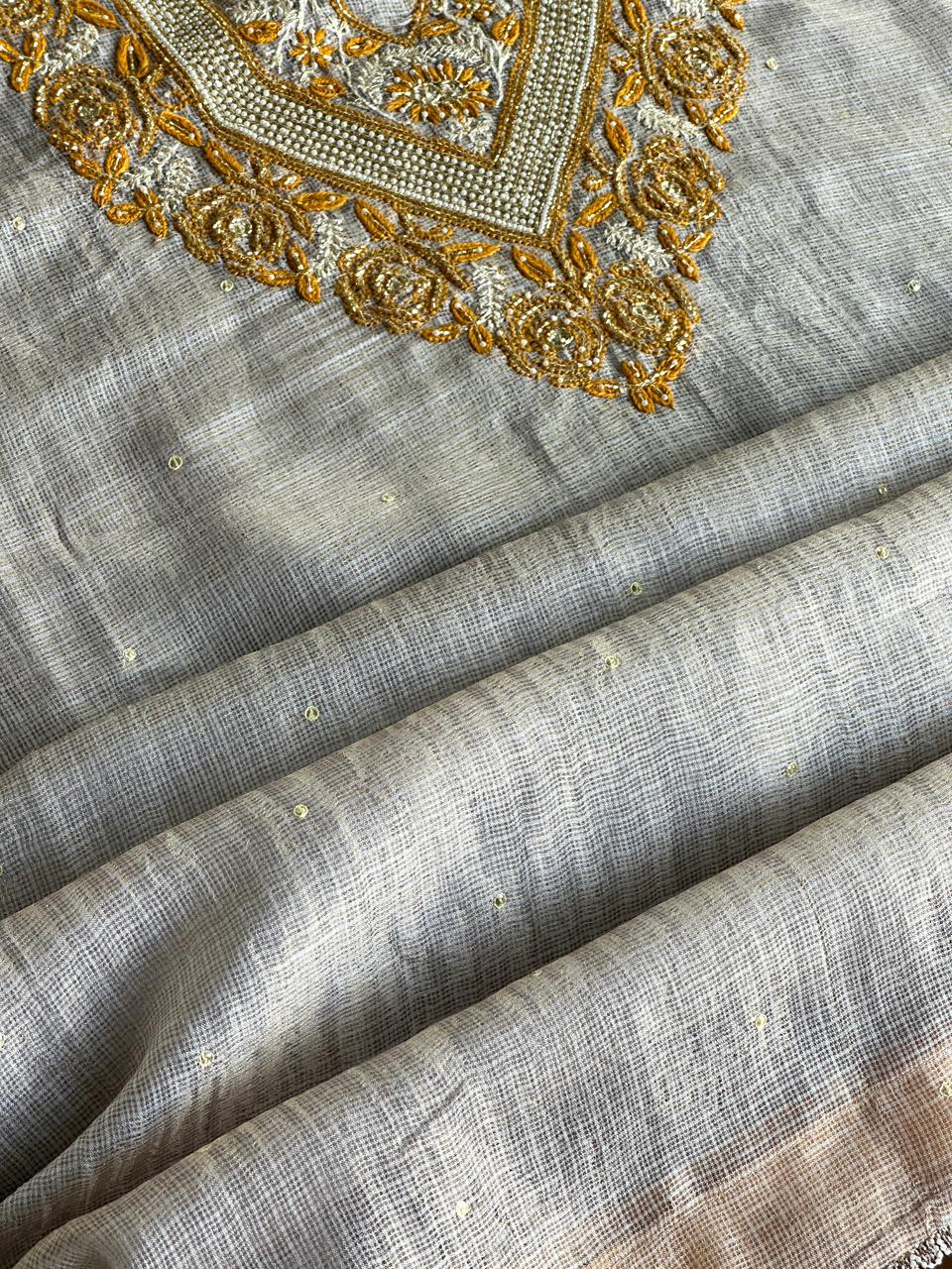 Grey & Mustard Shade Tissue Kota Chikankari Unstitched Fabric