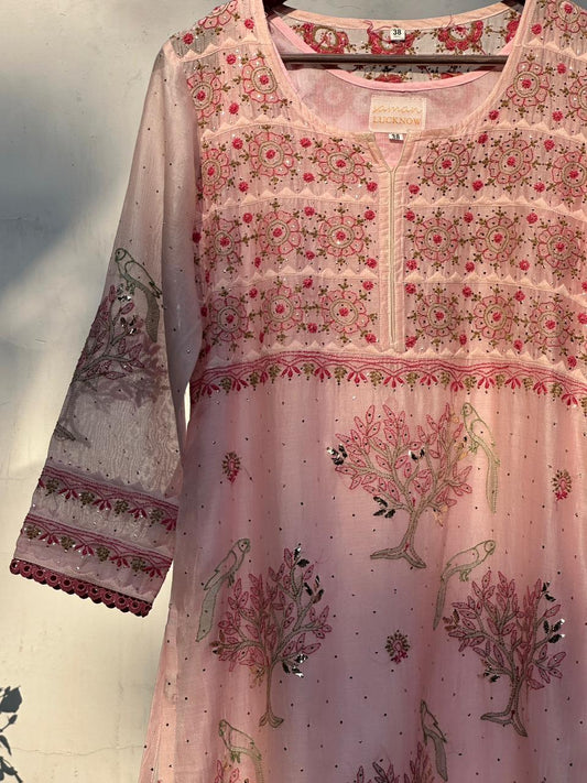 Peach Mal Mukaish Kamdani Chikankari Kurta Dupatta Set