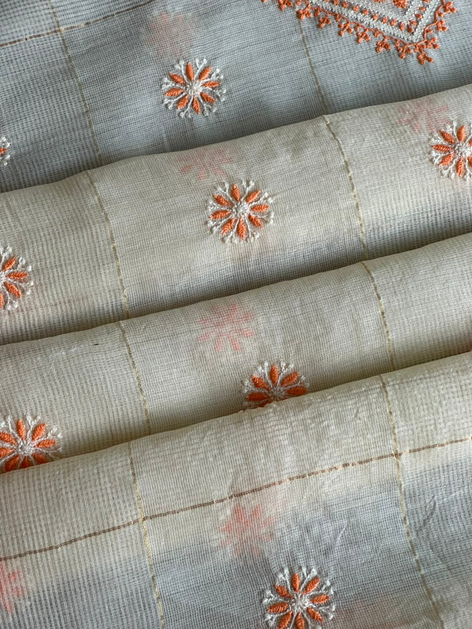 Cream Shade Tissue Zari Kota Chikankari Unstitched Fabric