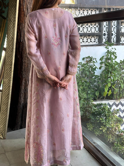 Mauve Pink Shade Noor Organza Chikankari A Line Kurta With Dupatta