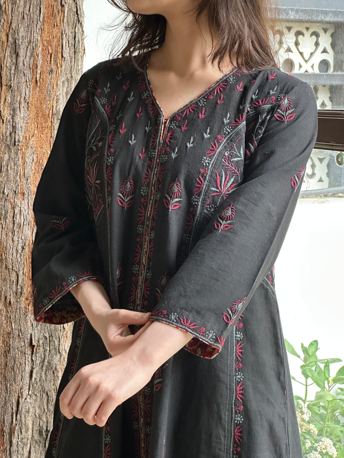Black Handspun Malkha Chikankari Panel Tunic