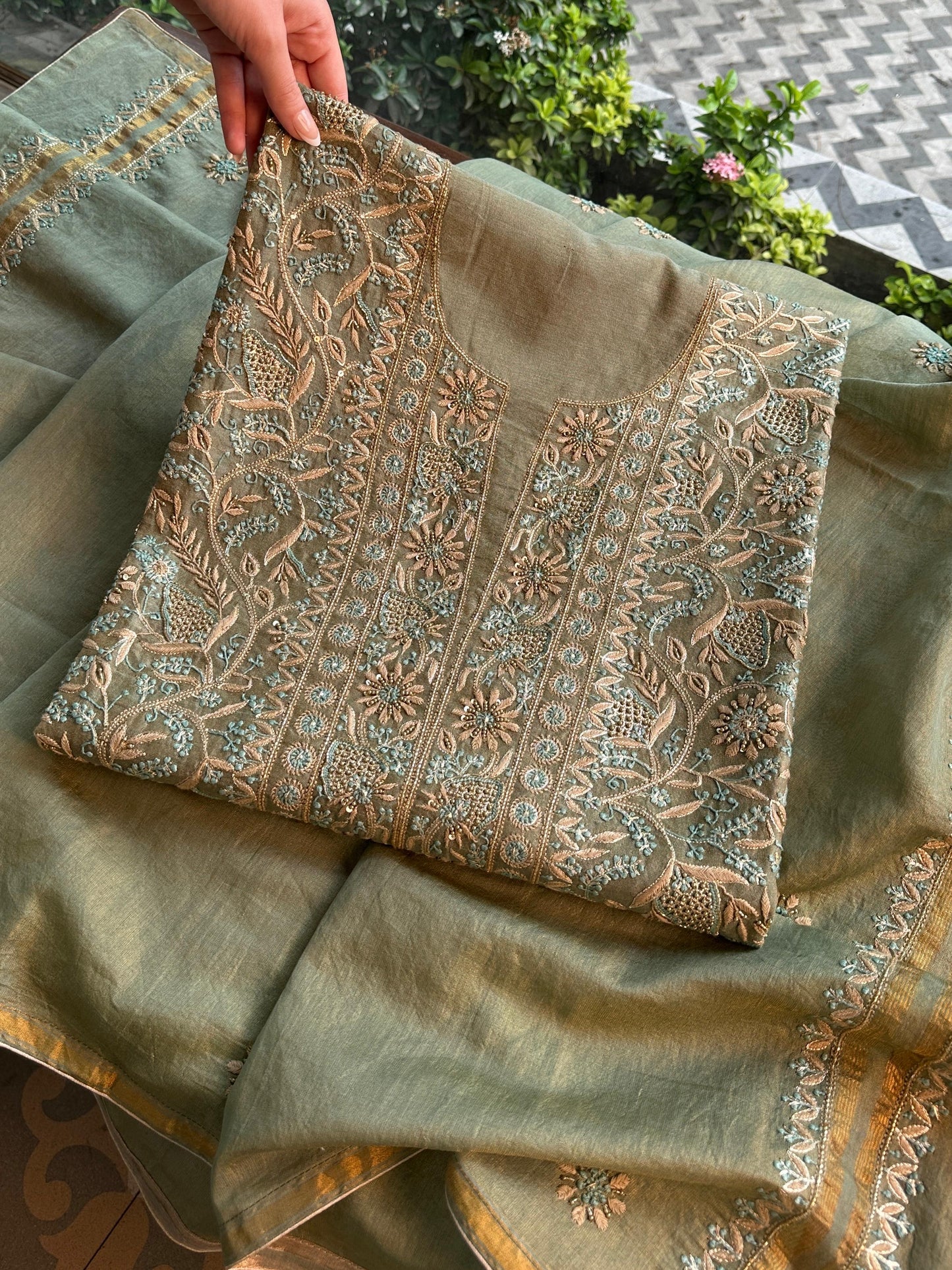 Cement Green Multi Shade Tissue Silk Chikankari Unstitched Fabric