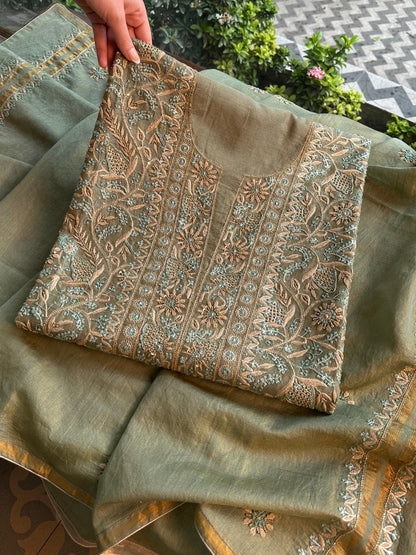 Cement Green Multi Shade Tissue Silk Chikankari Unstitched Fabric