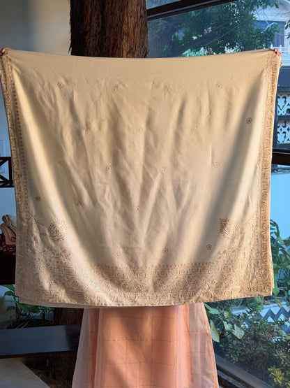Natural Beige Shade Saman Pashmina Resham Thread Fine Chikankari Shawl